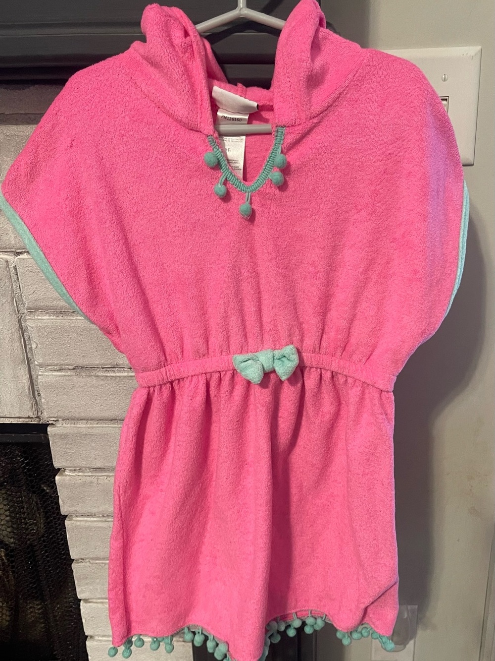 Girls Pink Hooded Terry Cover-Up Dress with Mint Trim
